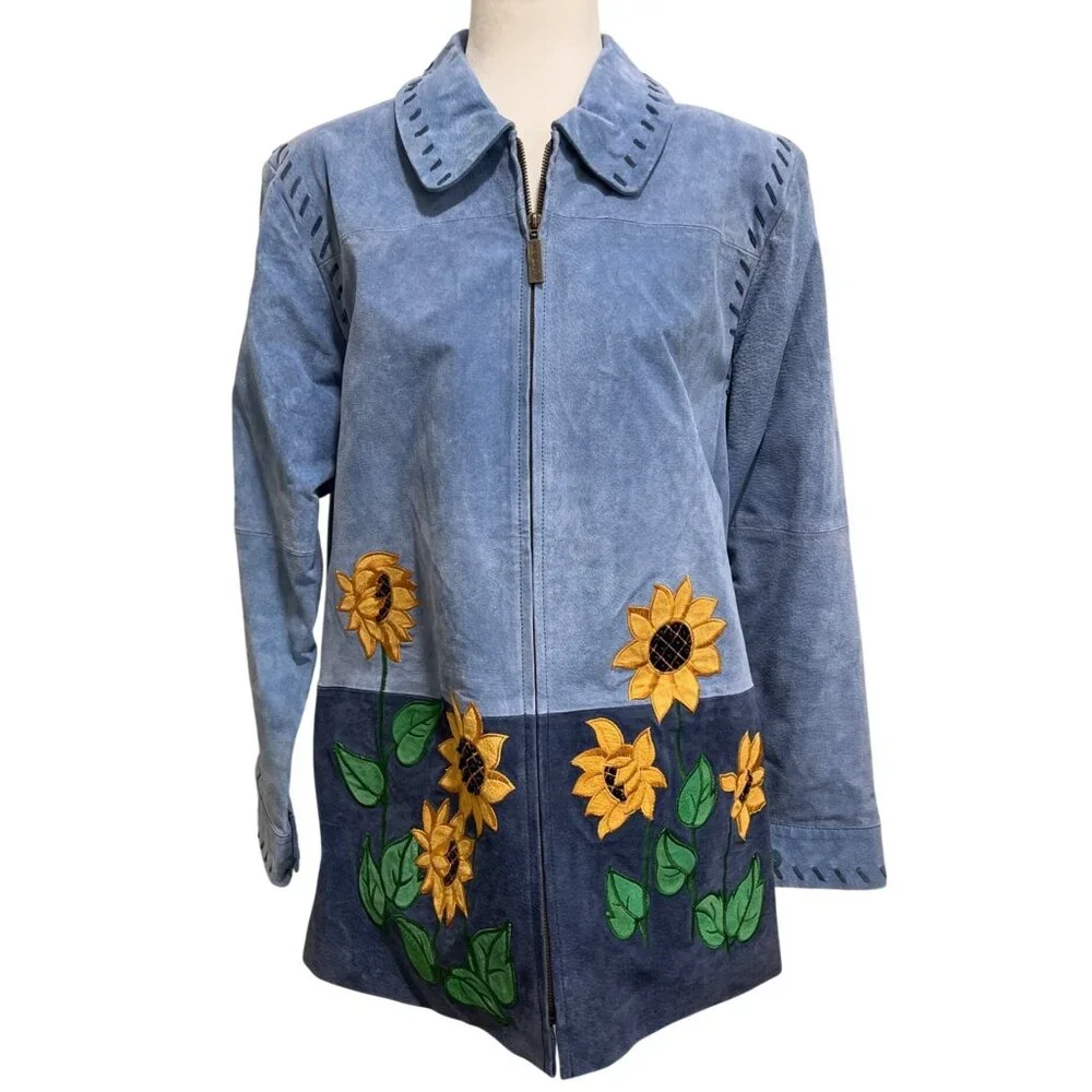 Quacker Factory Blue Suede Jacket Embroidered Sunflowers Vtg Full-Zip Size L - Picture 1 of 9